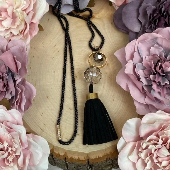 Chic Clear Sphere Long Black and Gold Tassel Necklace - Picture 9 of 11